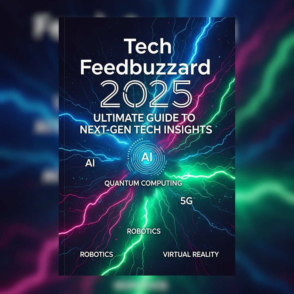 Cover of "Tech Feedbuzzard 2025" guide featuring AI, quantum computing, robotics, 5G, and virtual reality with colorful lightning effects.