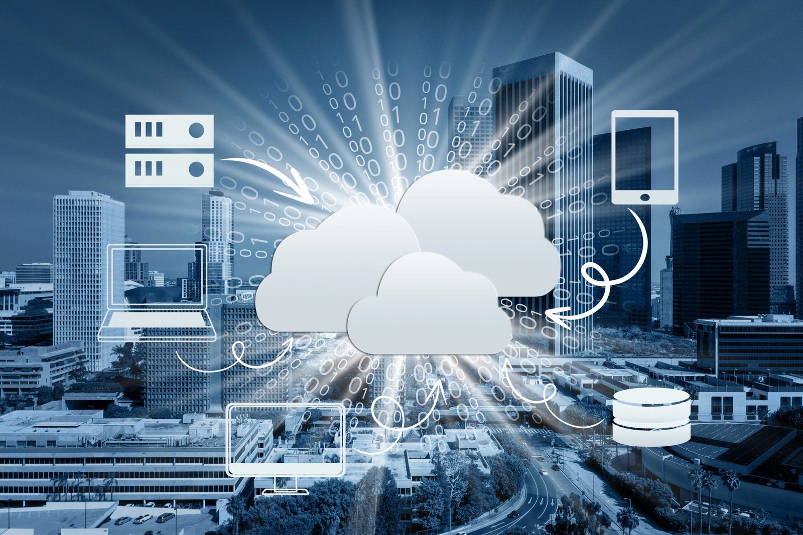 Cloud computing concept with connected devices over a cityscape.