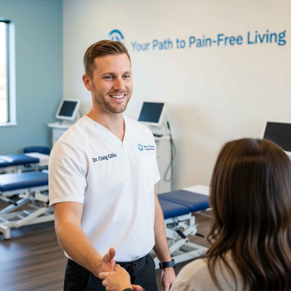 Dr Craig Gillis smiling and greeting a patient in a modern chiropractic clinic with treatment tables and digital therapy equipment.