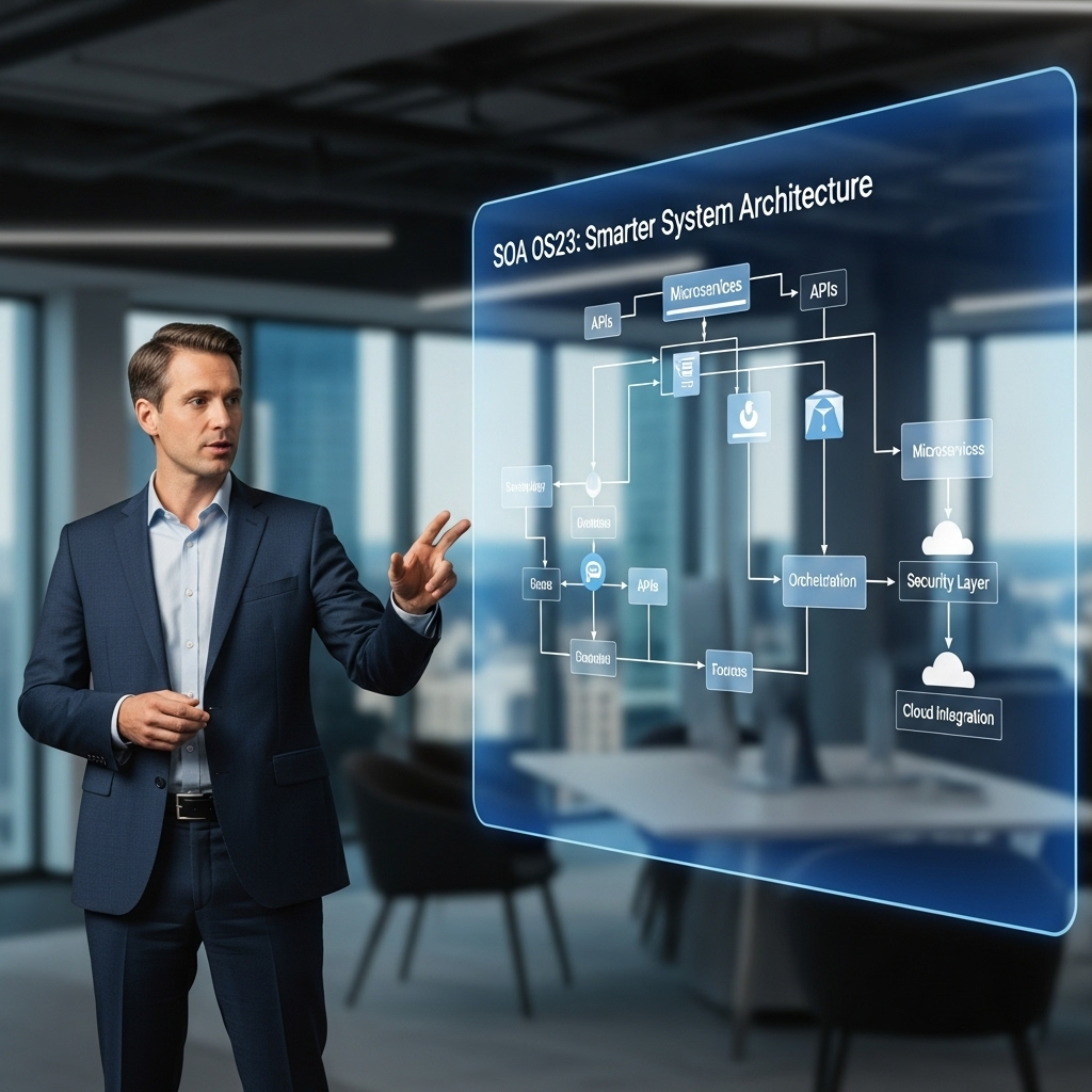 Professional explaining SOA OS23 system architecture with microservices and cloud on a digital screen.