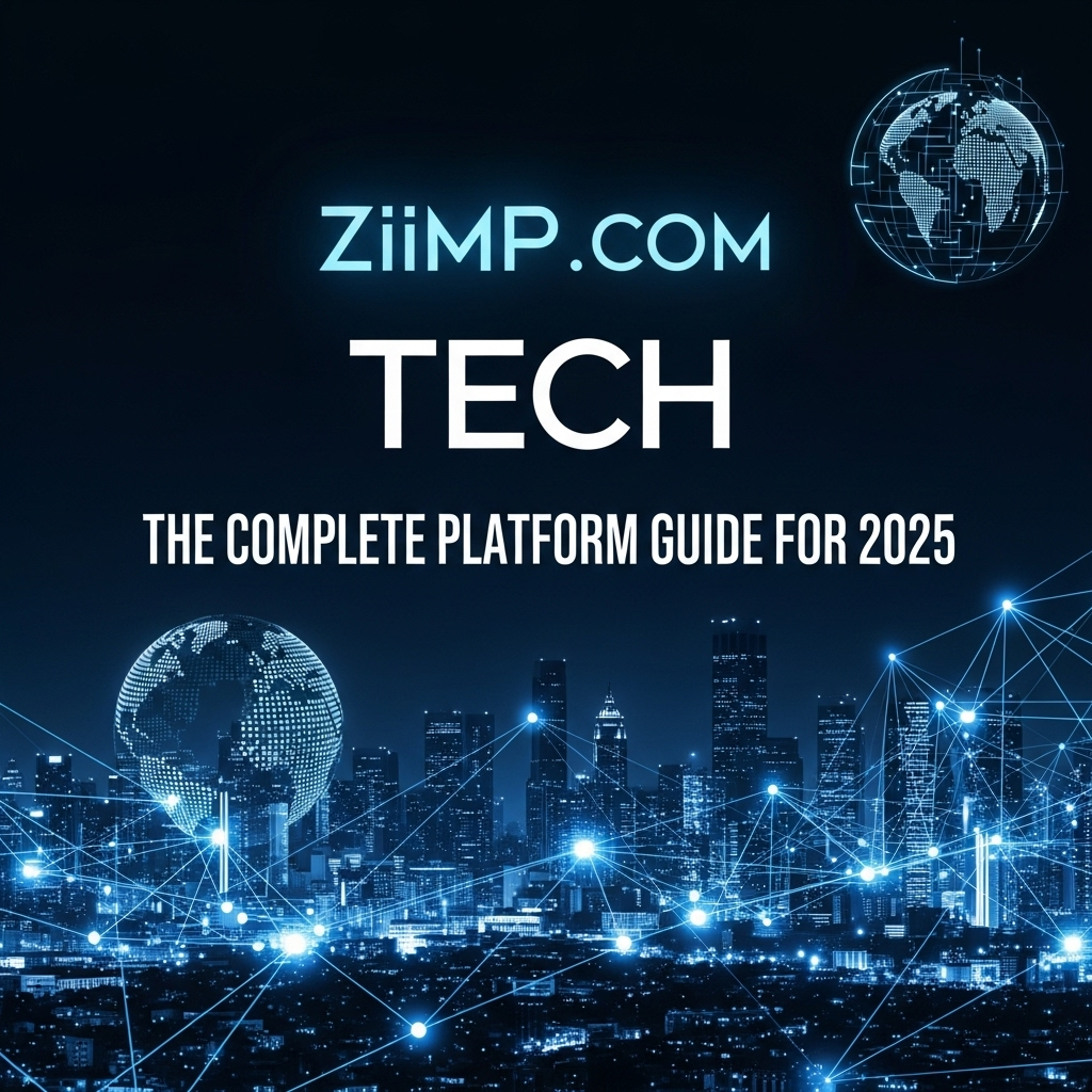 Ziimp.com Tech - The Complete Platform Guide for 2025 with digital cityscape and connected global network visuals.