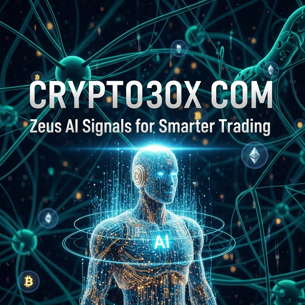 Futuristic AI figure with blockchain visuals representing Crypto30x Com Zeus AI signals for smarter trading.