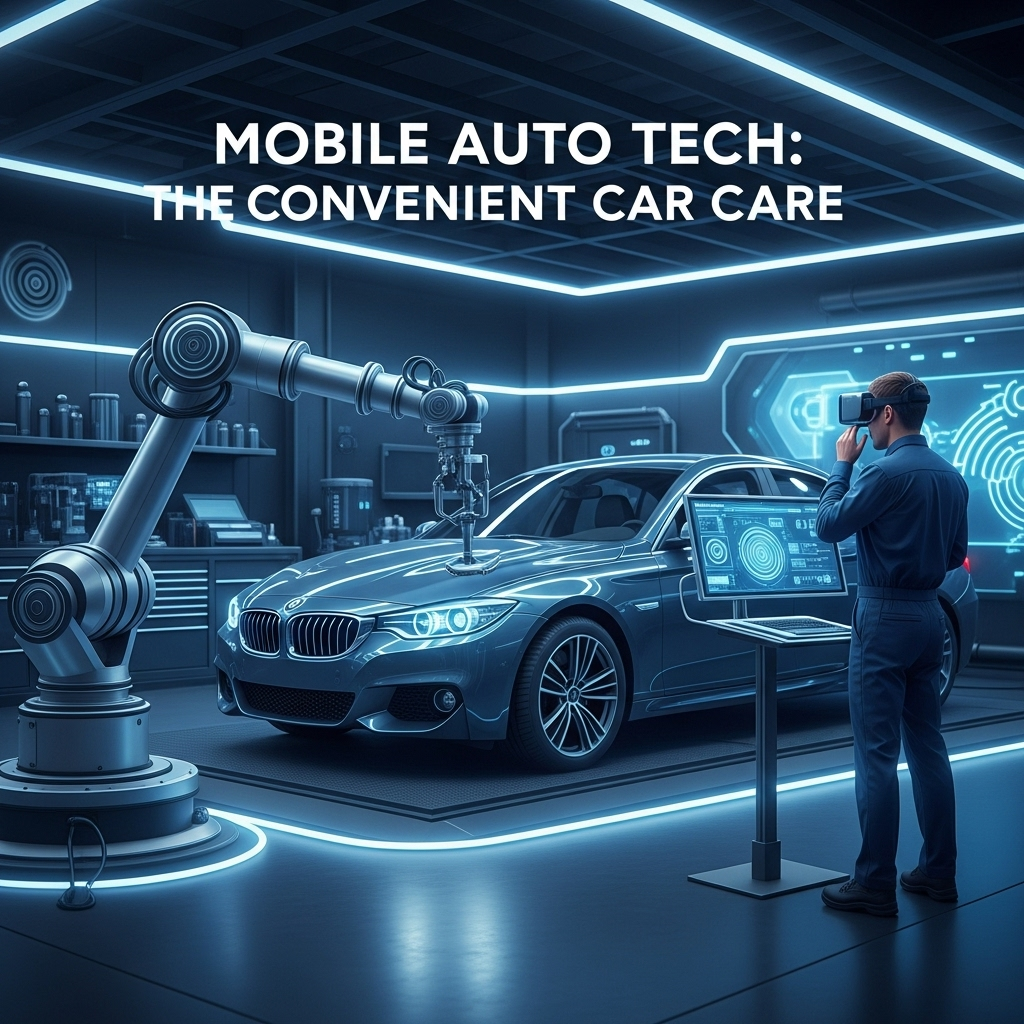 Futuristic car repair with VR and robotic arm in high-tech garage.