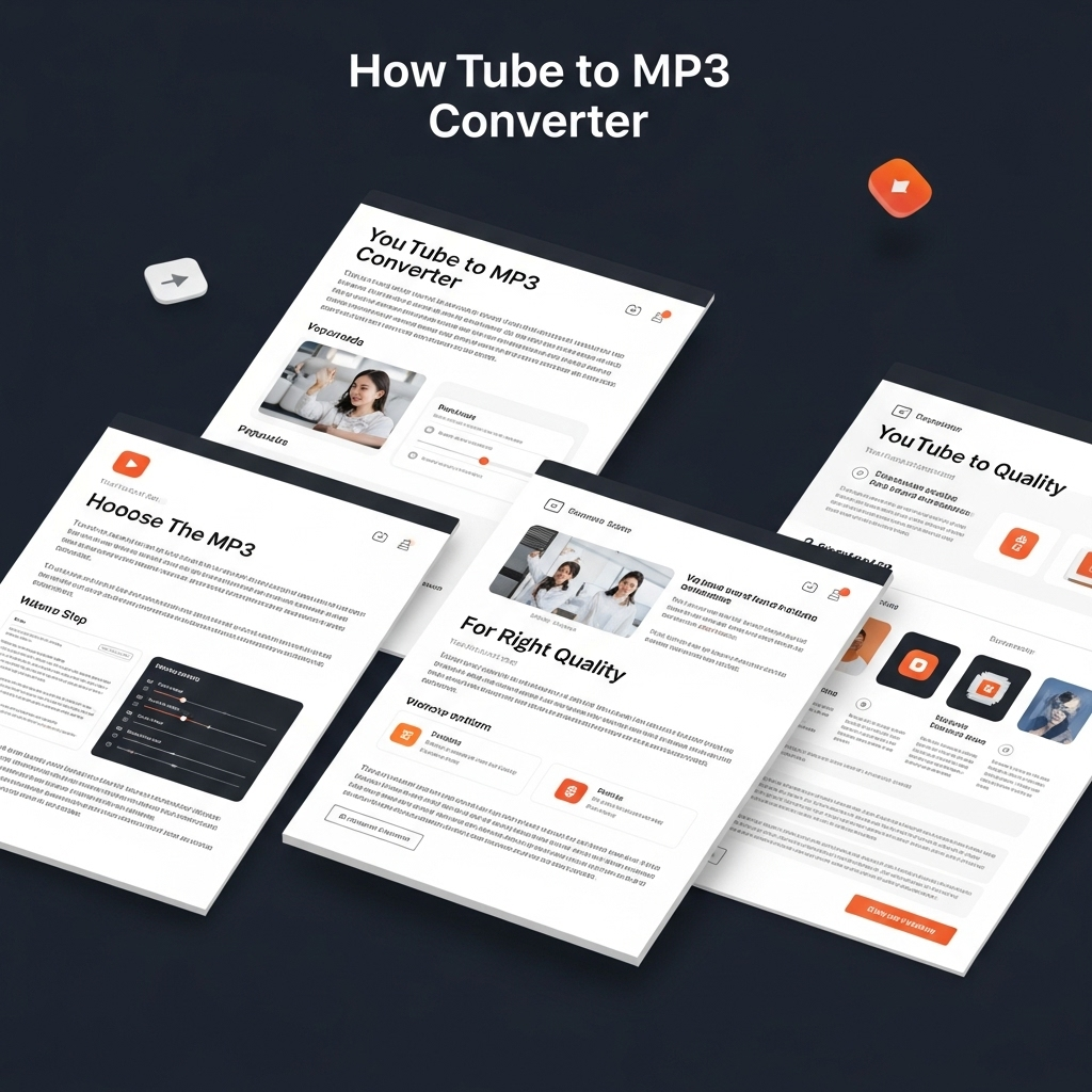 YouTube to MP3 converter guide with multiple tutorial screens on dark background.